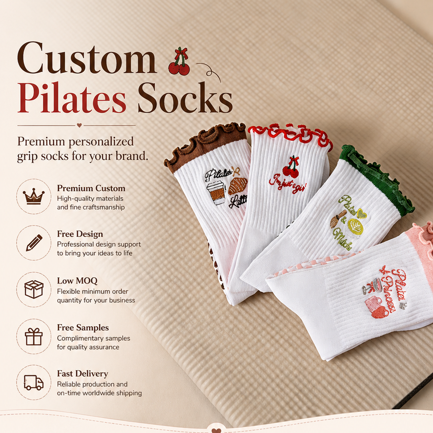 Stylish pilates grip socks with wavy ruffle cuff and decorative embroidery patterns.