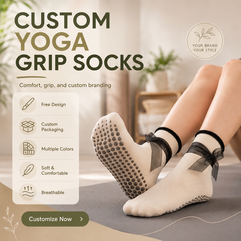 Custom Logo Pilates Grip Socks With Decorative Bow At Back
